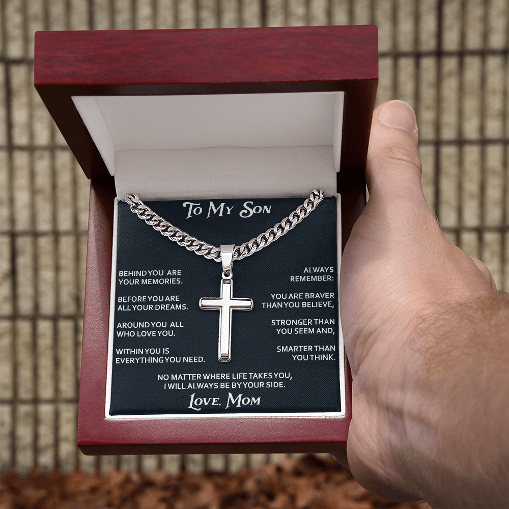 To My Son Personalized Cross with Cuban Link Chain Gift from Mom Mother for Birthday, Back to School, Graduation or any Special Occasion.
