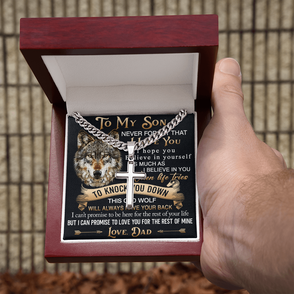 To My Son Personalized Cross with Cuban Link Chain Gift from Wolf Dad - Unique Gift for Birthday, Back to School, Graduation or any Special Occasion.