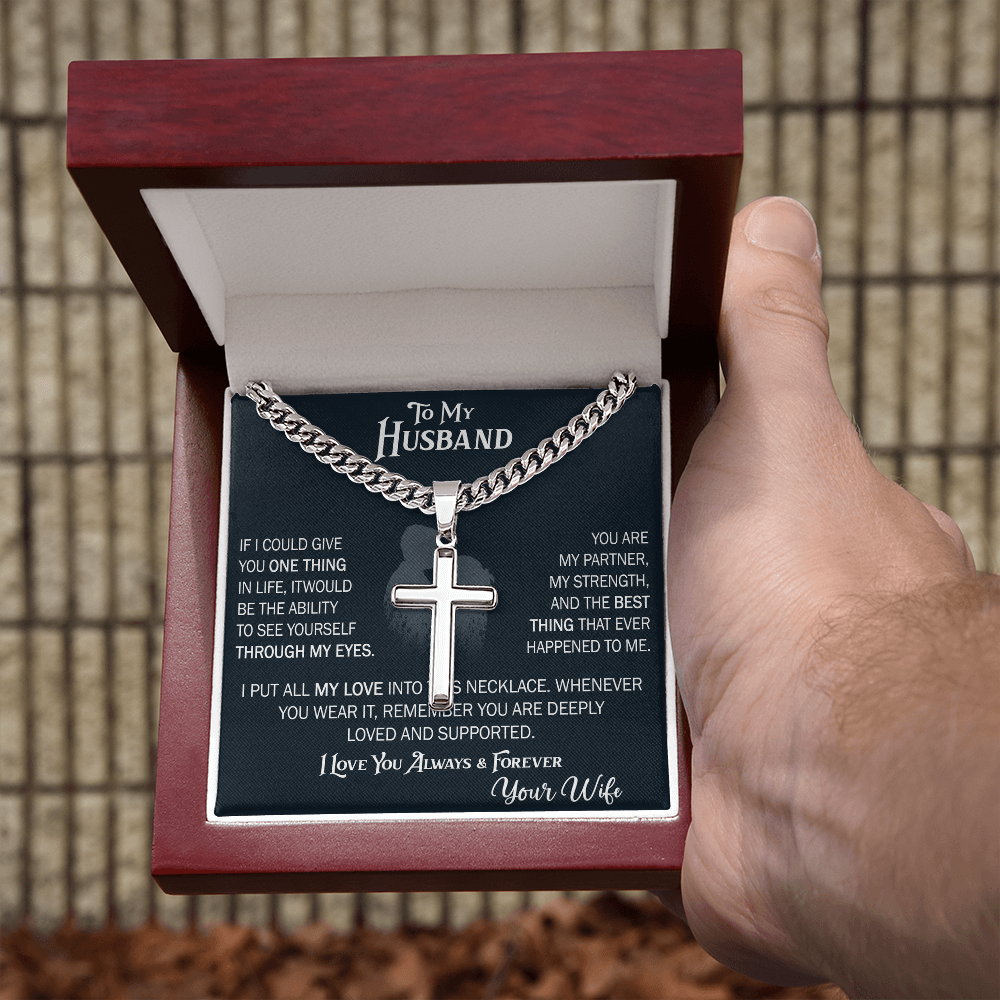 Product Image To My Husband Personalized Cross with Cuban Link Chain From Wife – Valentines Day Gifts for Her with Heartfelt Message Card, Premium Gold-Plated Wife Jewelry