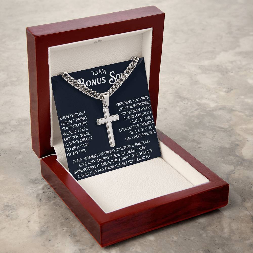 To My Bonus Son Personalized Cross with Cuban Link Chain -  Perfect Gift for Birthday, Christmas, Back to School or any Special Occasion.