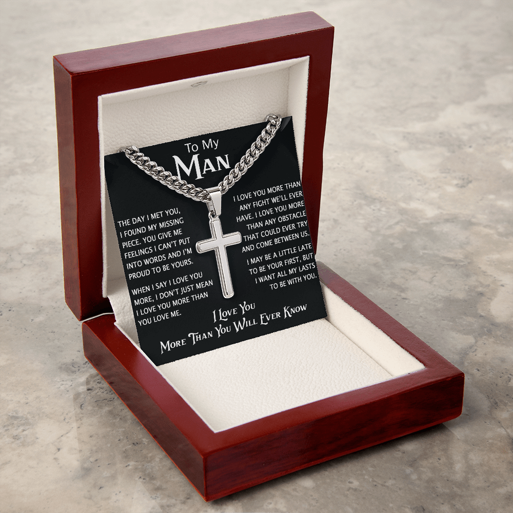 To My Man Personalized Cross with Cuban Link Chain - Perfect Gift for Birthday, Christmas