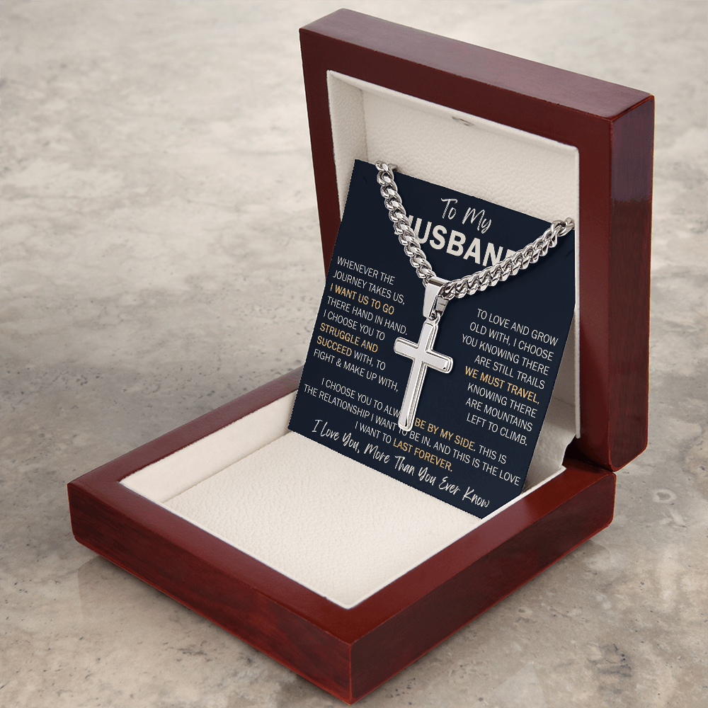 To My Husband Personalized Cross with Cuban Link Chain - Perfect Gift for Birthday, Valentine, Wedding Anniversary or any Special Occasion.