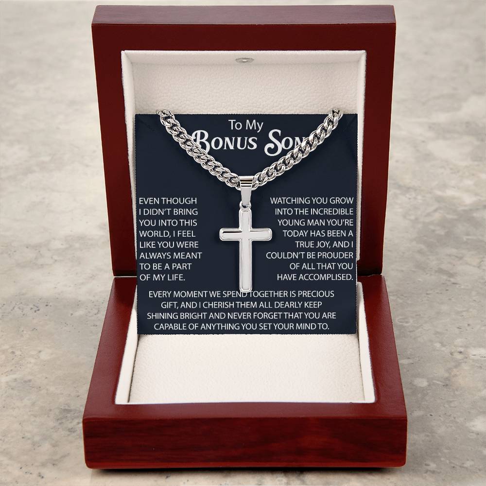 To My Bonus Son Personalized Cross with Cuban Link Chain -  Perfect Gift for Birthday, Christmas, Back to School or any Special Occasion.