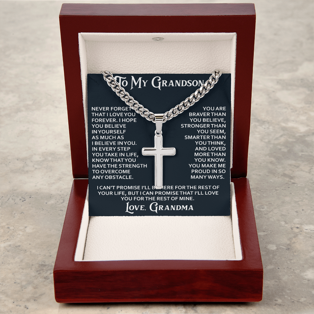 To My Grandson Personalized Cross with Cuban Link Chain From Grandma Grandmother for Christmas, Noel, Birthday, Back to School or Family Matching