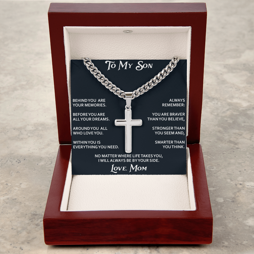To My Son Personalized Cross with Cuban Link Chain Gift from Mom Mother for Birthday, Back to School, Graduation or any Special Occasion.