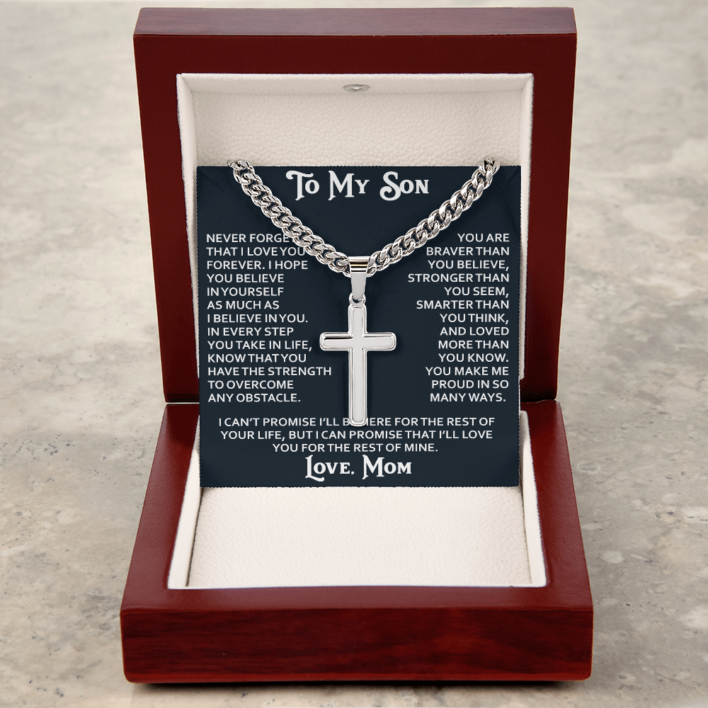 To My Son Personalized Cross with Cuban Link Chain Gift from Mom Mother for Birthday, Back to School, Graduation or any Special Occasion Present