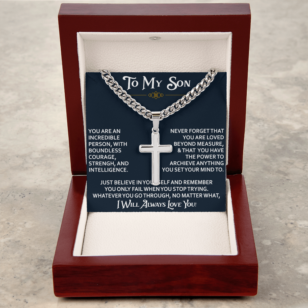 To My Son Personalized Cross with Cuban Link Chain Gift from Dad Mom - Unique Gift for Birthday, Back to School, Graduation or any Special Occasion.