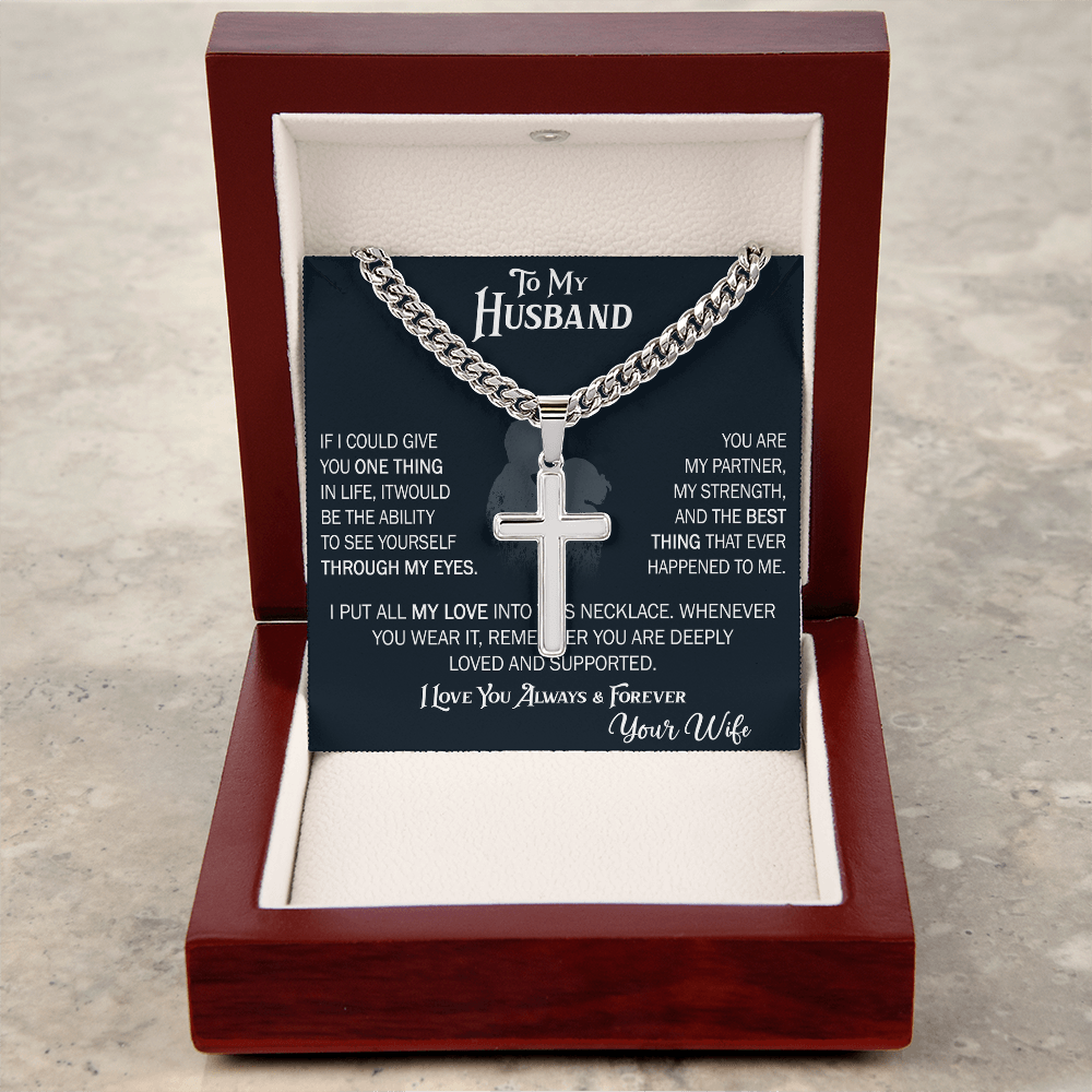 Product Image To My Husband Personalized Cross with Cuban Link Chain From Wife – Valentines Day Gifts for Her with Heartfelt Message Card, Premium Gold-Plated Wife Jewelry