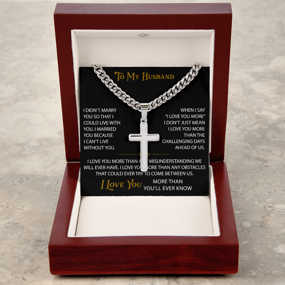 Wife Gift to My Husband Personalized Cross with Cuban Link Chain - Unique Present for Soulmate Broom, Wedding Anniversary, Birthday Gifts