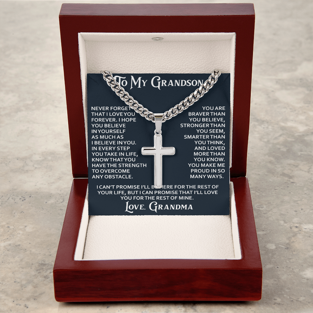 To My Grandson Artisan Cross with Cuban Link Chain - Christian Faith Gifts From Grandpa Grandma Inspirational Jewelry