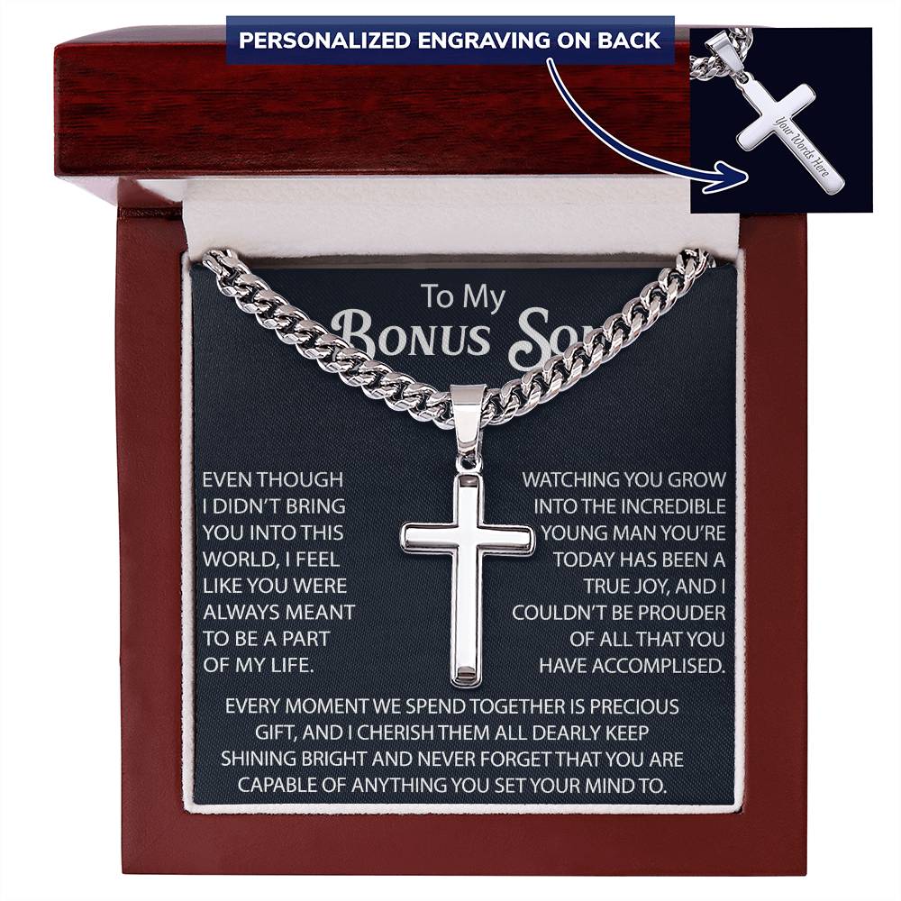 To My Bonus Son Personalized Cross with Cuban Link Chain -  Perfect Gift for Birthday, Christmas, Back to School or any Special Occasion.