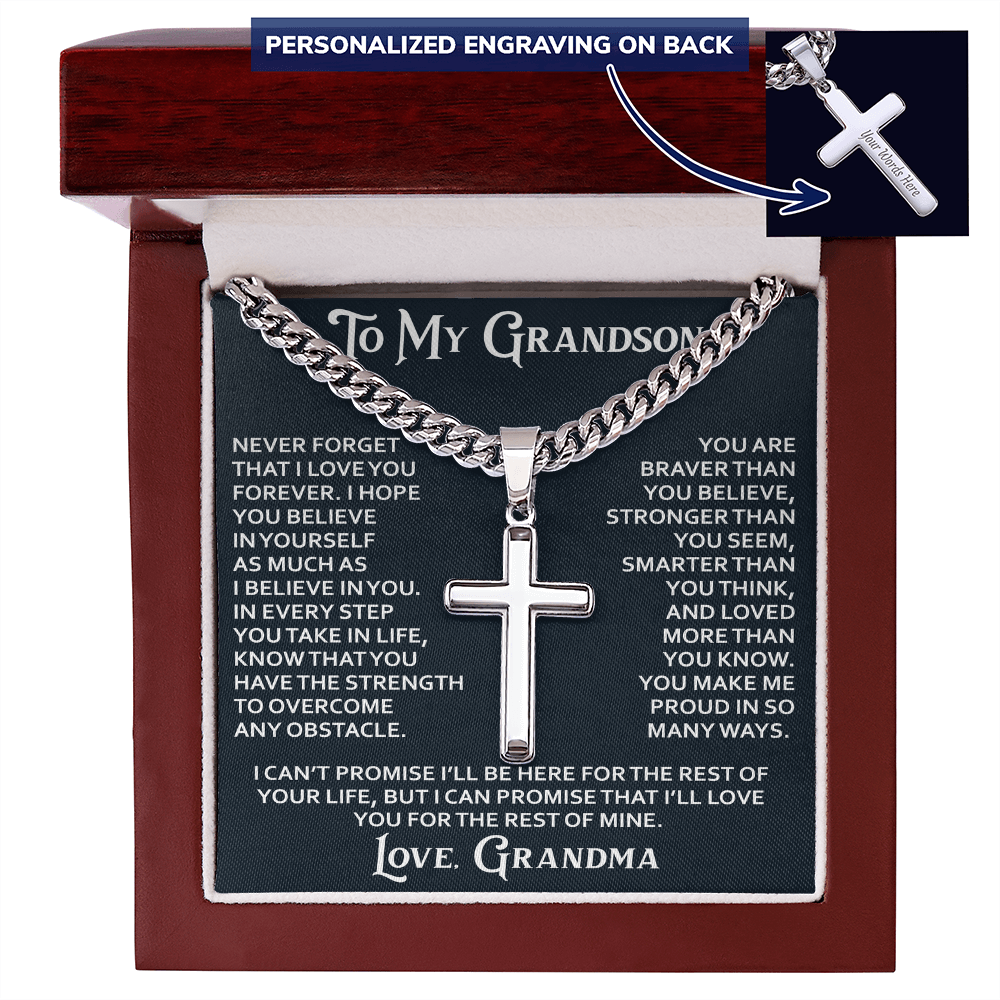 To My Grandson Personalized Cross with Cuban Link Chain From Grandma Grandmother for Christmas, Noel, Birthday, Back to School or Family Matching