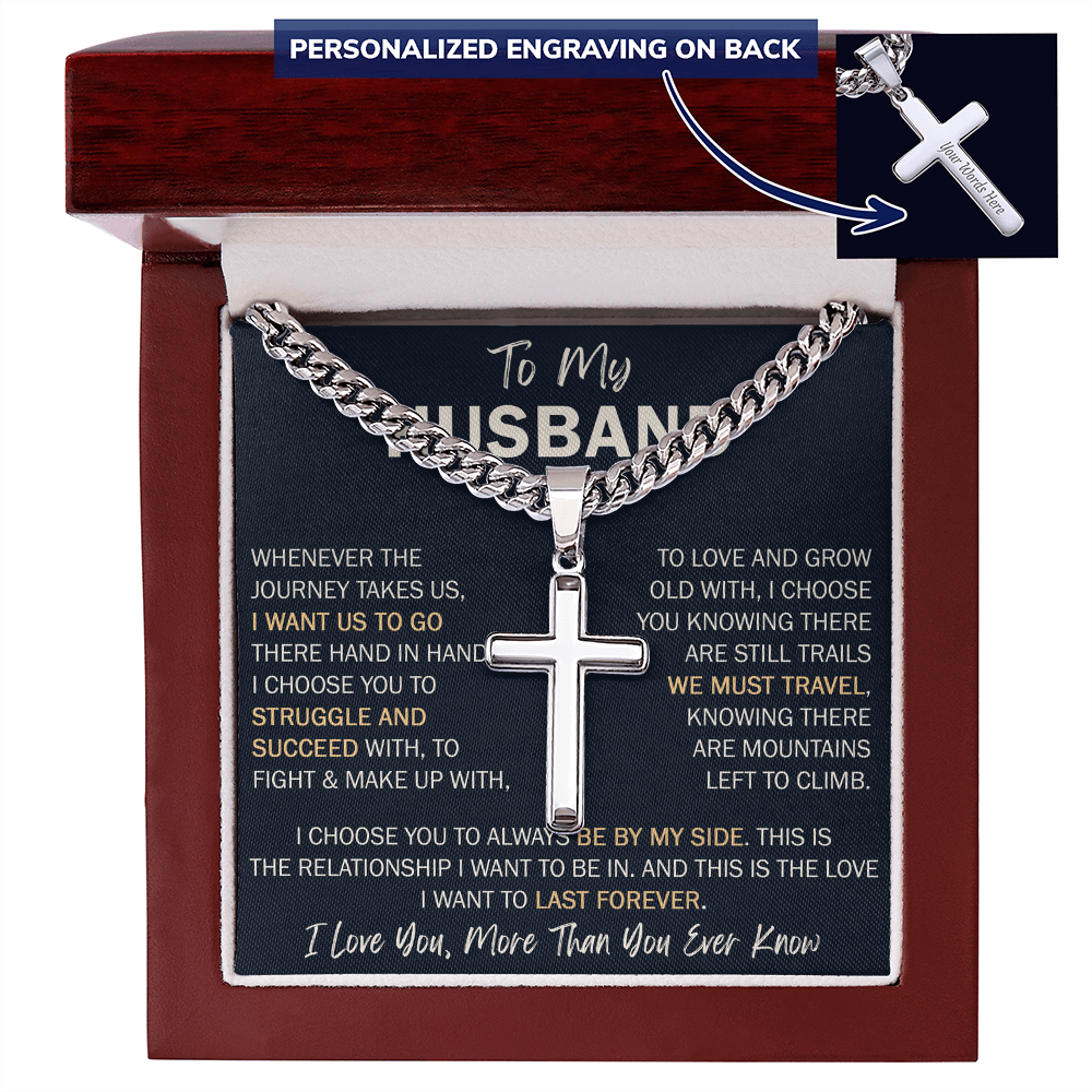 To My Husband Personalized Cross with Cuban Link Chain - Perfect Gift for Birthday, Valentine, Wedding Anniversary or any Special Occasion.