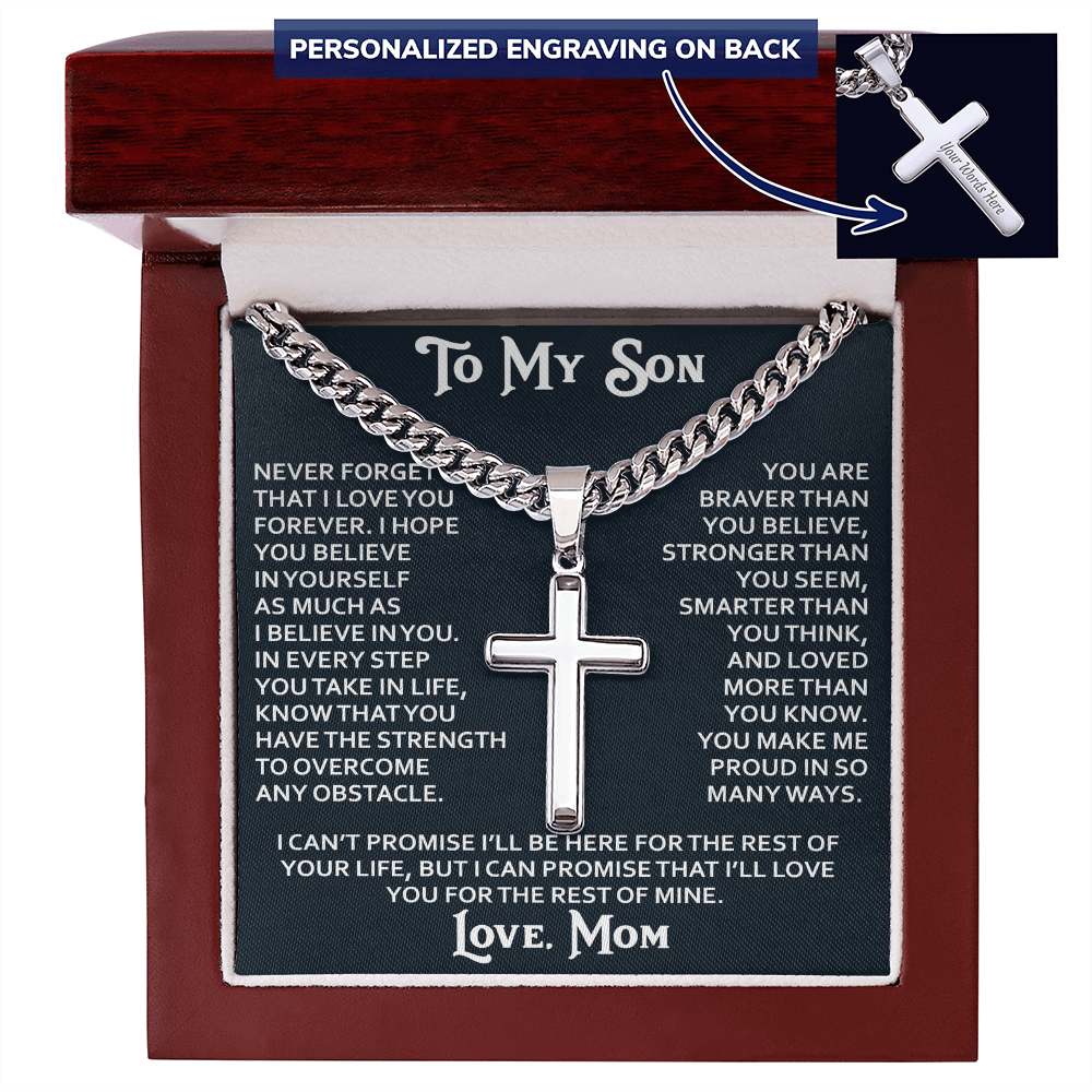To My Son Personalized Cross with Cuban Link Chain Gift from Mom Mother for Birthday, Back to School, Graduation or any Special Occasion Present