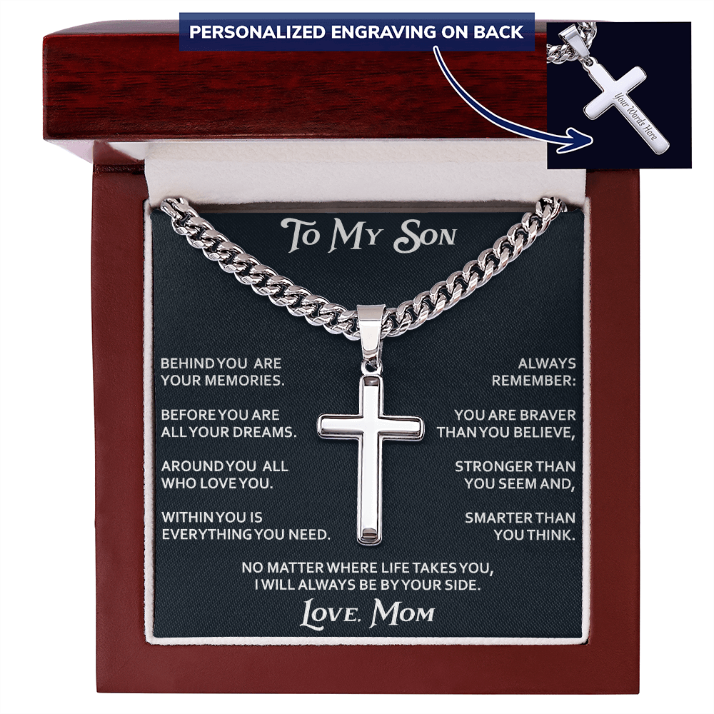 To My Son Personalized Cross with Cuban Link Chain Gift from Mom Mother for Birthday, Back to School, Graduation or any Special Occasion.