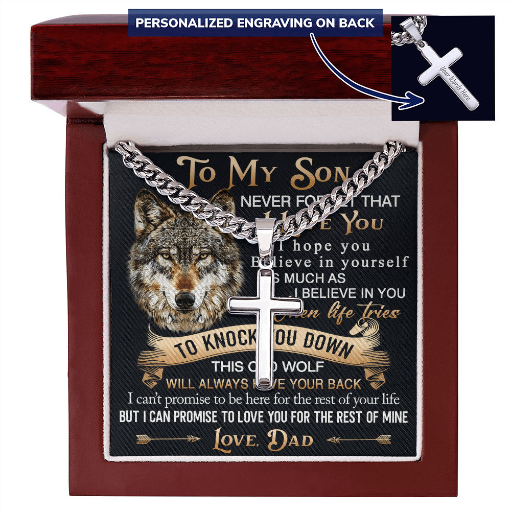 To My Son Personalized Cross with Cuban Link Chain Gift from Wolf Dad - Unique Gift for Birthday, Back to School, Graduation or any Special Occasion.