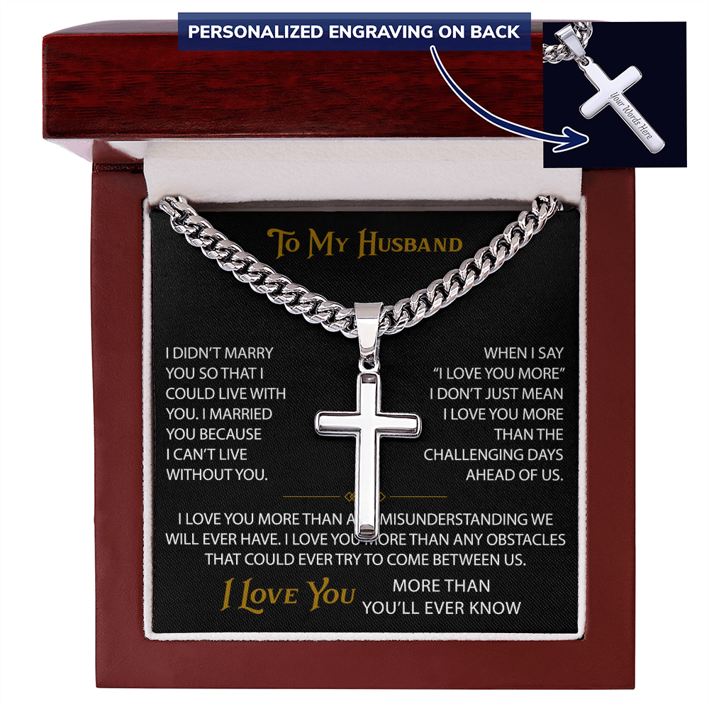 Wife Gift to My Husband Personalized Cross with Cuban Link Chain - Unique Present for Soulmate Broom, Wedding Anniversary, Birthday Gifts