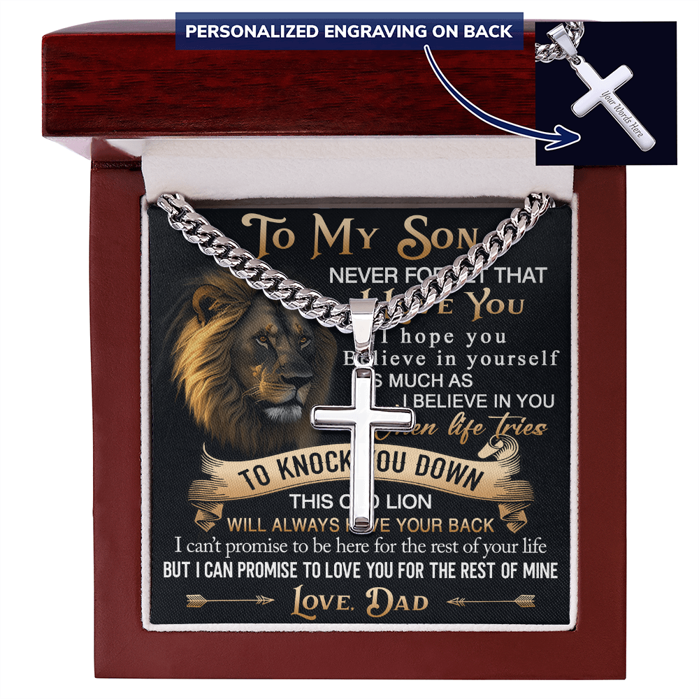 To My Son Personalized Cross with Cuban Link Chain Gift from Dad - Unique Gift for Birthday, Back to School, Graduation or any Special Occasion.