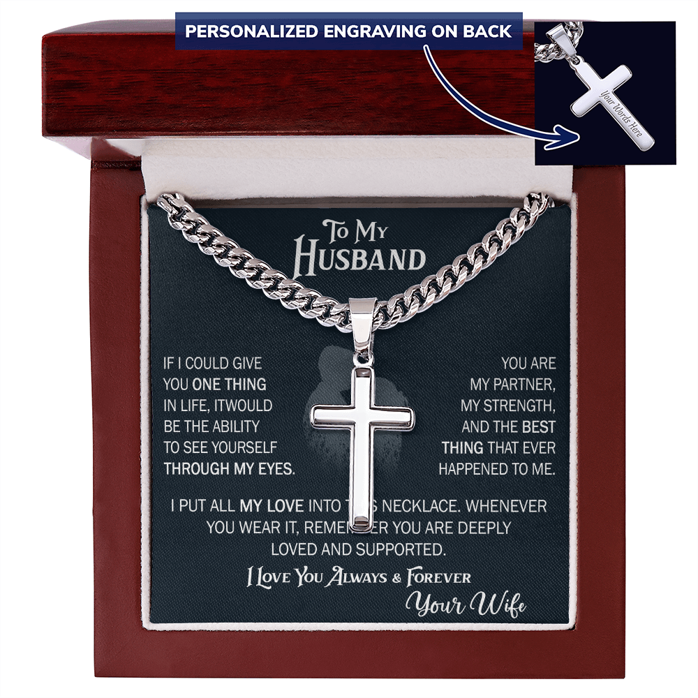 Product Image To My Husband Personalized Cross with Cuban Link Chain From Wife – Valentines Day Gifts for Her with Heartfelt Message Card, Premium Gold-Plated Wife Jewelry