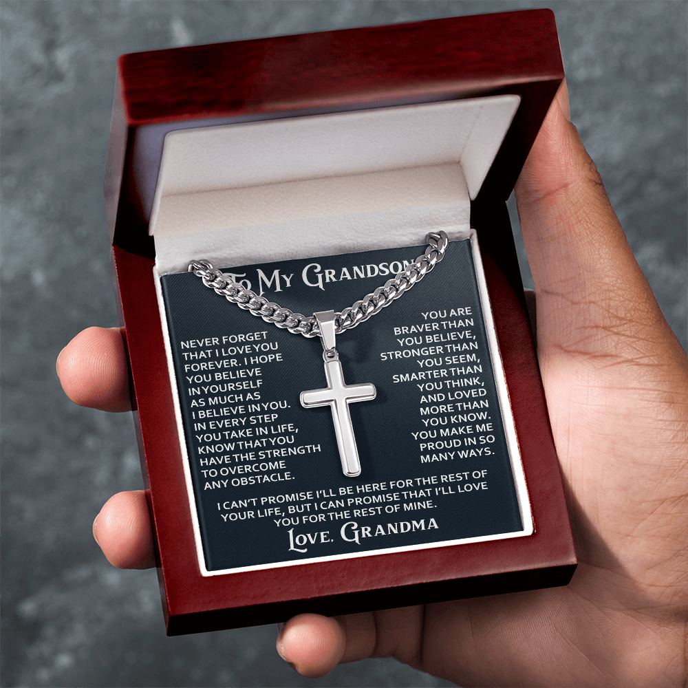 To My Grandson Personalized Cross with Cuban Link Chain From Grandma Grandmother for Christmas, Noel, Birthday, Back to School or Family Matching