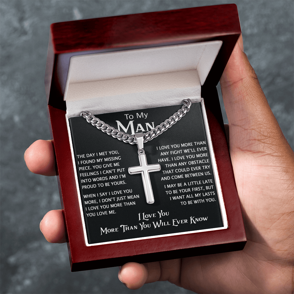 To My Man Personalized Cross with Cuban Link Chain - Perfect Gift for Birthday, Christmas