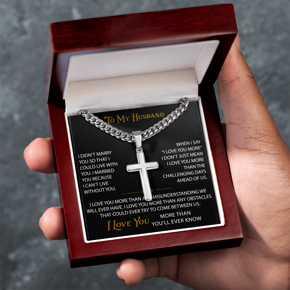 Wife Gift to My Husband Personalized Cross with Cuban Link Chain - Unique Present for Soulmate Broom, Wedding Anniversary, Birthday Gifts