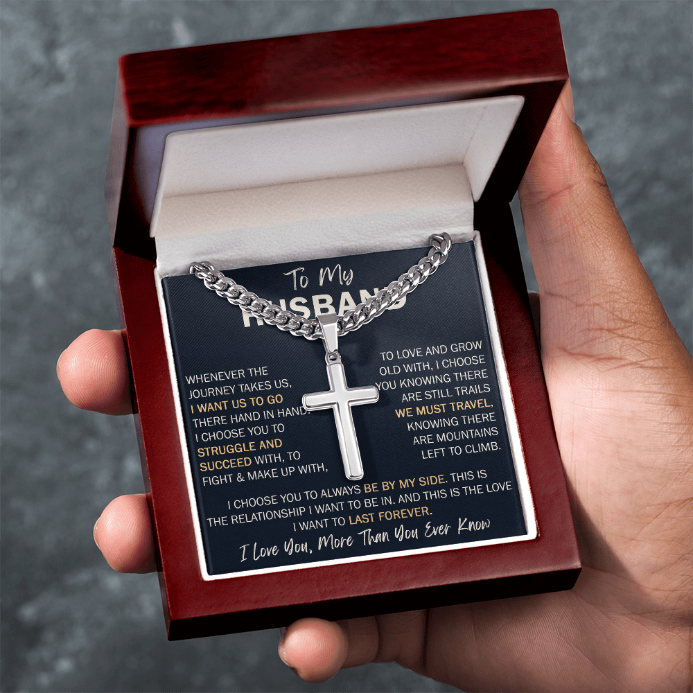 To My Husband Personalized Cross with Cuban Link Chain - Perfect Gift for Birthday, Valentine, Wedding Anniversary or any Special Occasion.