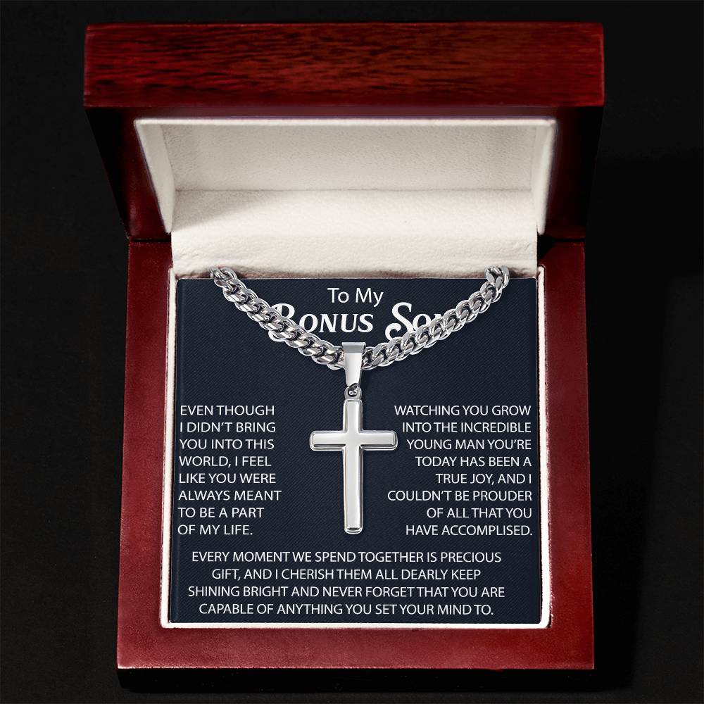 To My Bonus Son Personalized Cross with Cuban Link Chain -  Perfect Gift for Birthday, Christmas, Back to School or any Special Occasion.