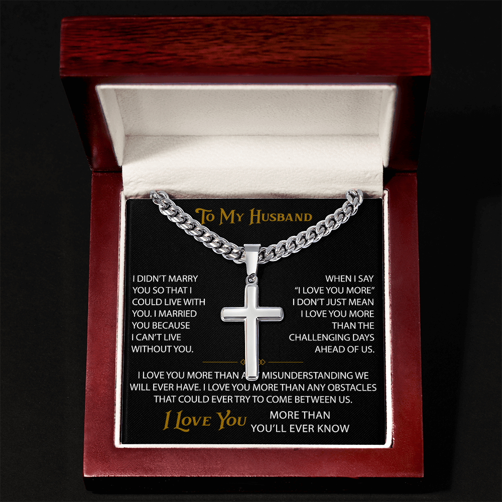 Wife Gift to My Husband Personalized Cross with Cuban Link Chain - Unique Present for Soulmate Broom, Wedding Anniversary, Birthday Gifts