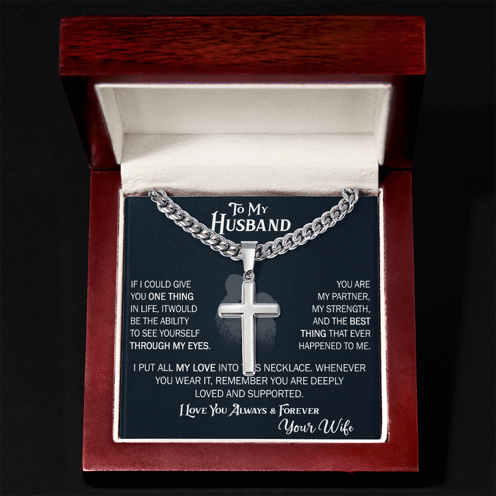 Product Image To My Husband Personalized Cross with Cuban Link Chain From Wife – Valentines Day Gifts for Her with Heartfelt Message Card, Premium Gold-Plated Wife Jewelry