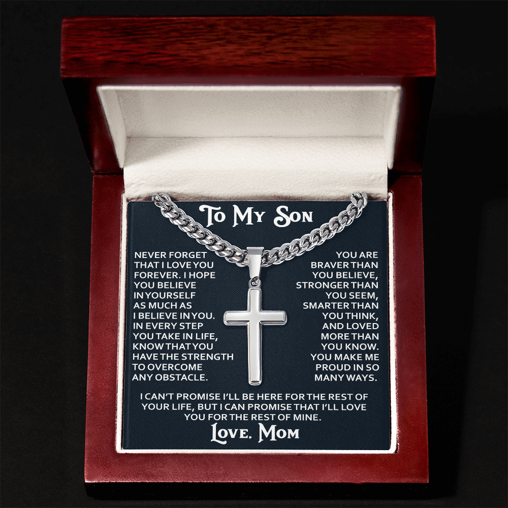 To My Son Personalized Cross with Cuban Link Chain Gift from Mom Mother for Birthday, Back to School, Graduation or any Special Occasion Present