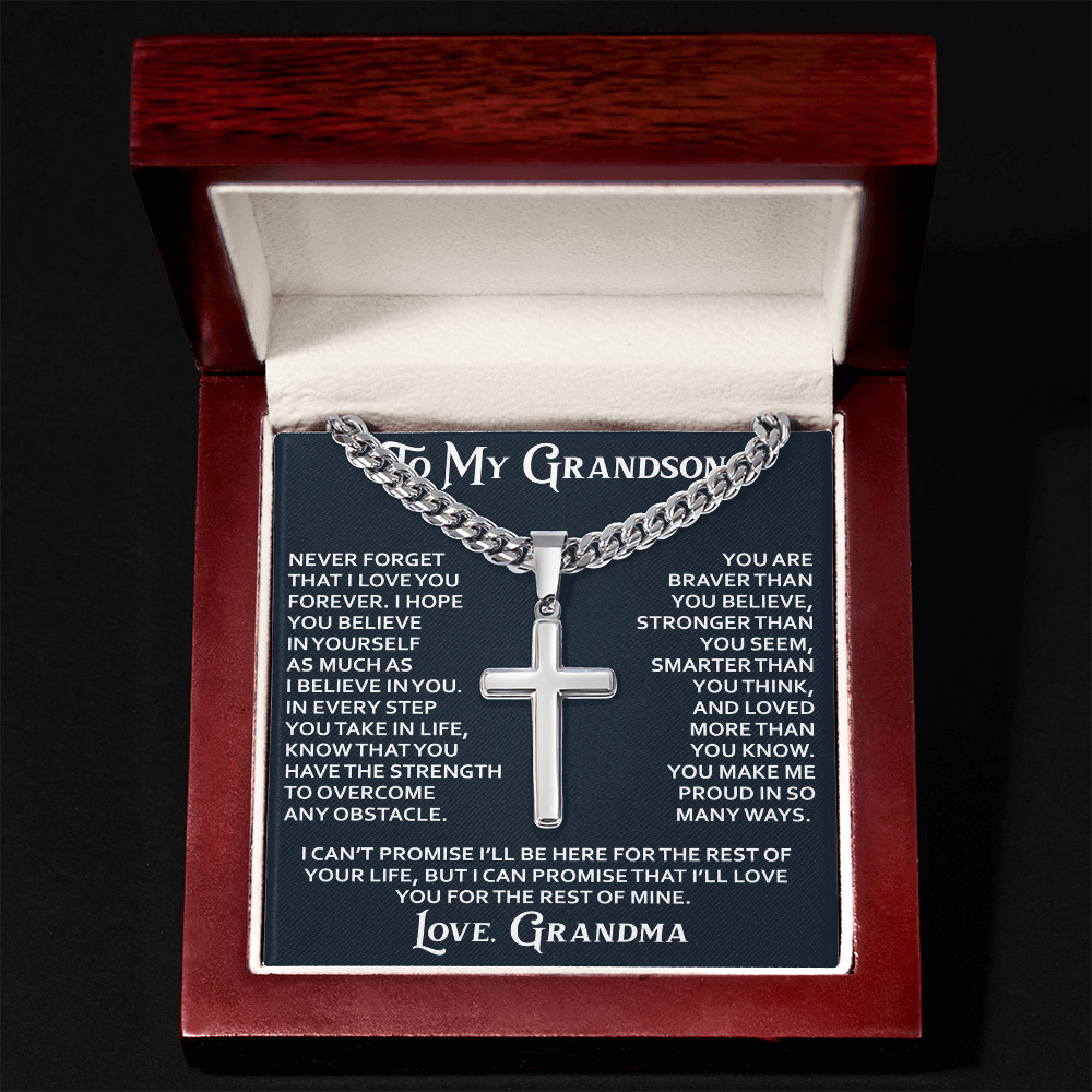 To My Grandson Artisan Cross with Cuban Link Chain - Christian Faith Gifts From Grandpa Grandma Inspirational Jewelry