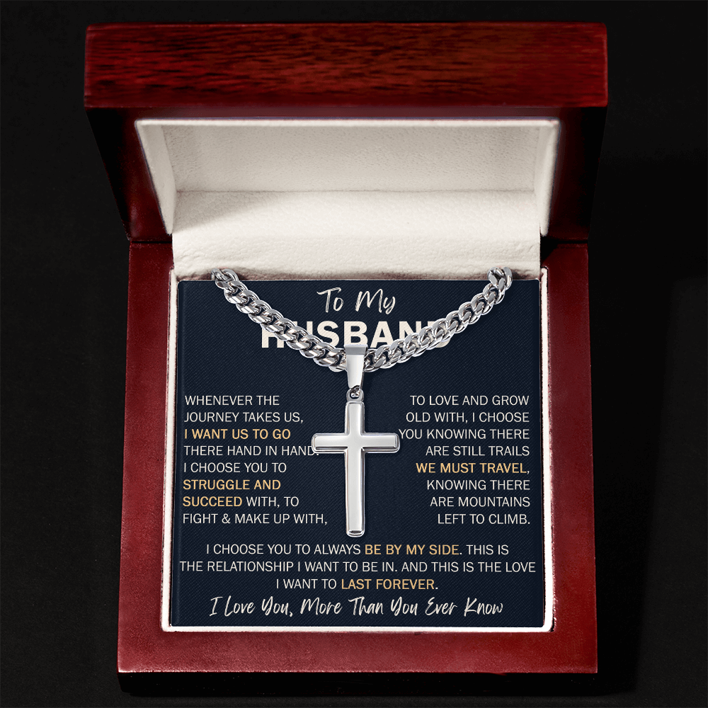 To My Husband Personalized Cross with Cuban Link Chain - Perfect Gift for Birthday, Valentine, Wedding Anniversary or any Special Occasion.