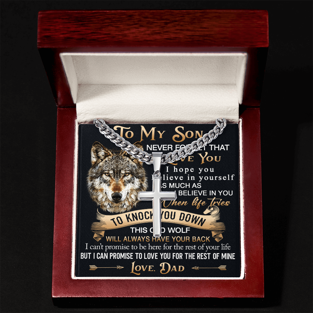 To My Son Personalized Cross with Cuban Link Chain Gift from Wolf Dad - Unique Gift for Birthday, Back to School, Graduation or any Special Occasion.