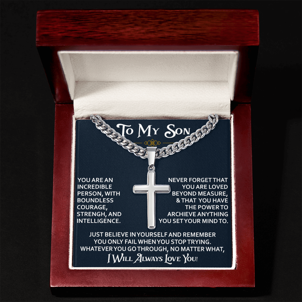 To My Son Personalized Cross with Cuban Link Chain Gift from Dad Mom - Unique Gift for Birthday, Back to School, Graduation or any Special Occasion.