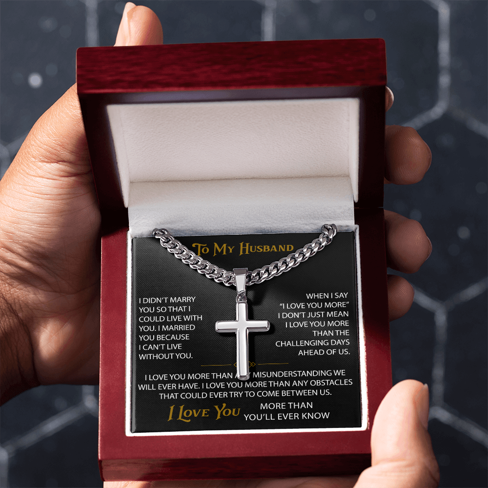 Wife Gift to My Husband Personalized Cross with Cuban Link Chain - Unique Present for Soulmate Broom, Wedding Anniversary, Birthday Gifts