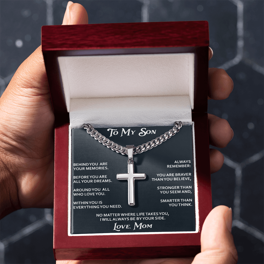 To My Son Personalized Cross with Cuban Link Chain Gift from Mom Mother for Birthday, Back to School, Graduation or any Special Occasion.