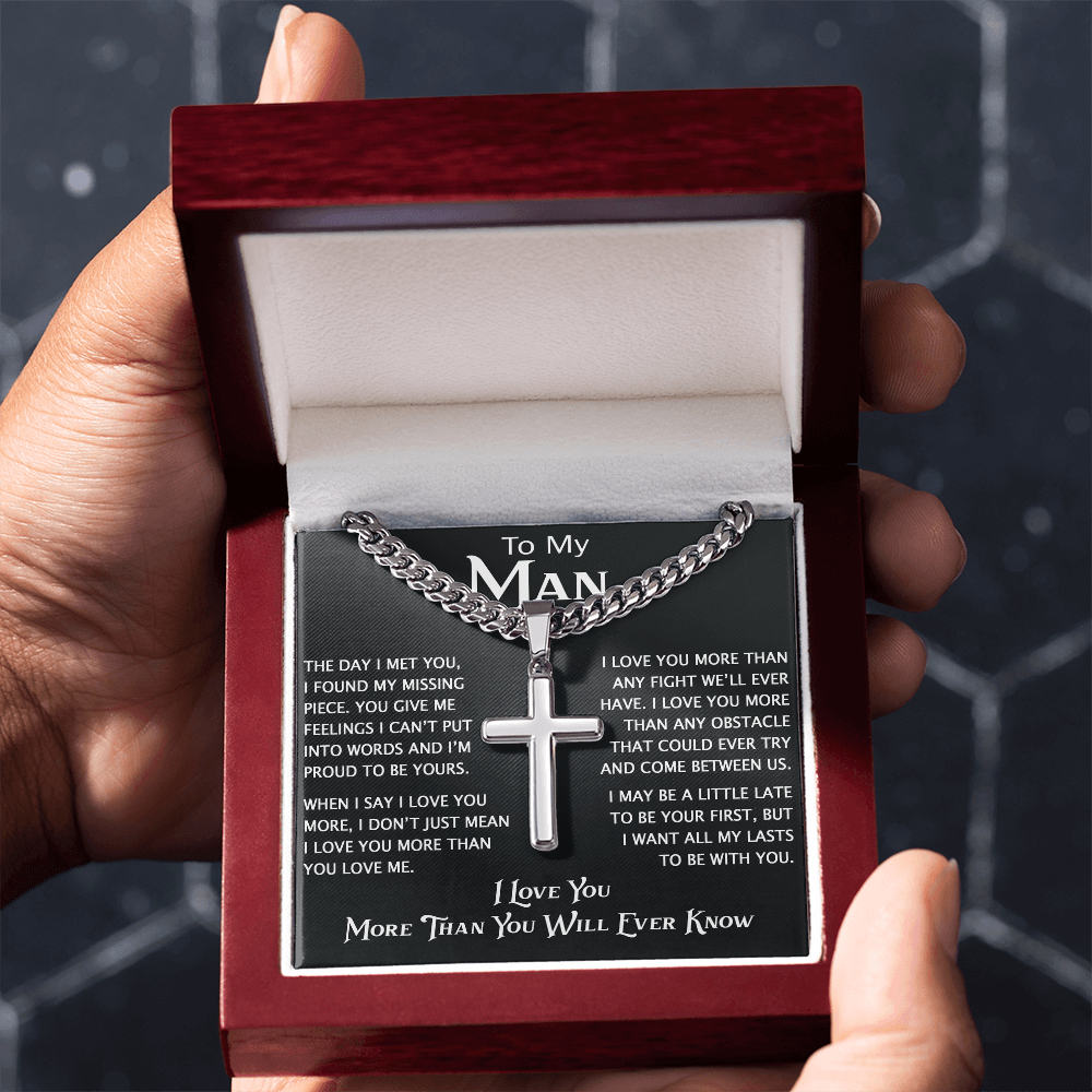 To My Man Personalized Cross with Cuban Link Chain - Perfect Gift for Birthday, Christmas