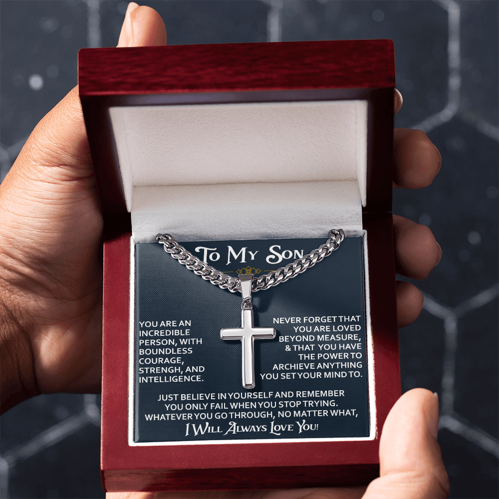To My Son Personalized Cross with Cuban Link Chain Gift from Dad Mom - Unique Gift for Birthday, Back to School, Graduation or any Special Occasion.