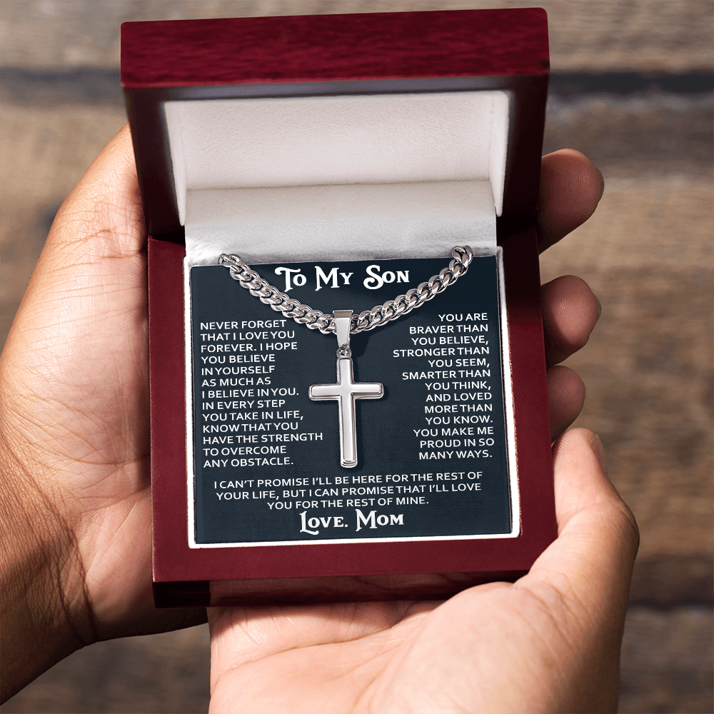 To My Son Personalized Cross with Cuban Link Chain Gift from Mom Mother for Birthday, Back to School, Graduation or any Special Occasion Present