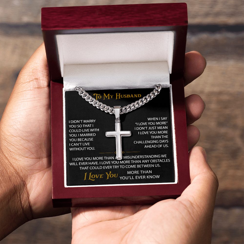 Wife Gift to My Husband Personalized Cross with Cuban Link Chain - Unique Present for Soulmate Broom, Wedding Anniversary, Birthday Gifts