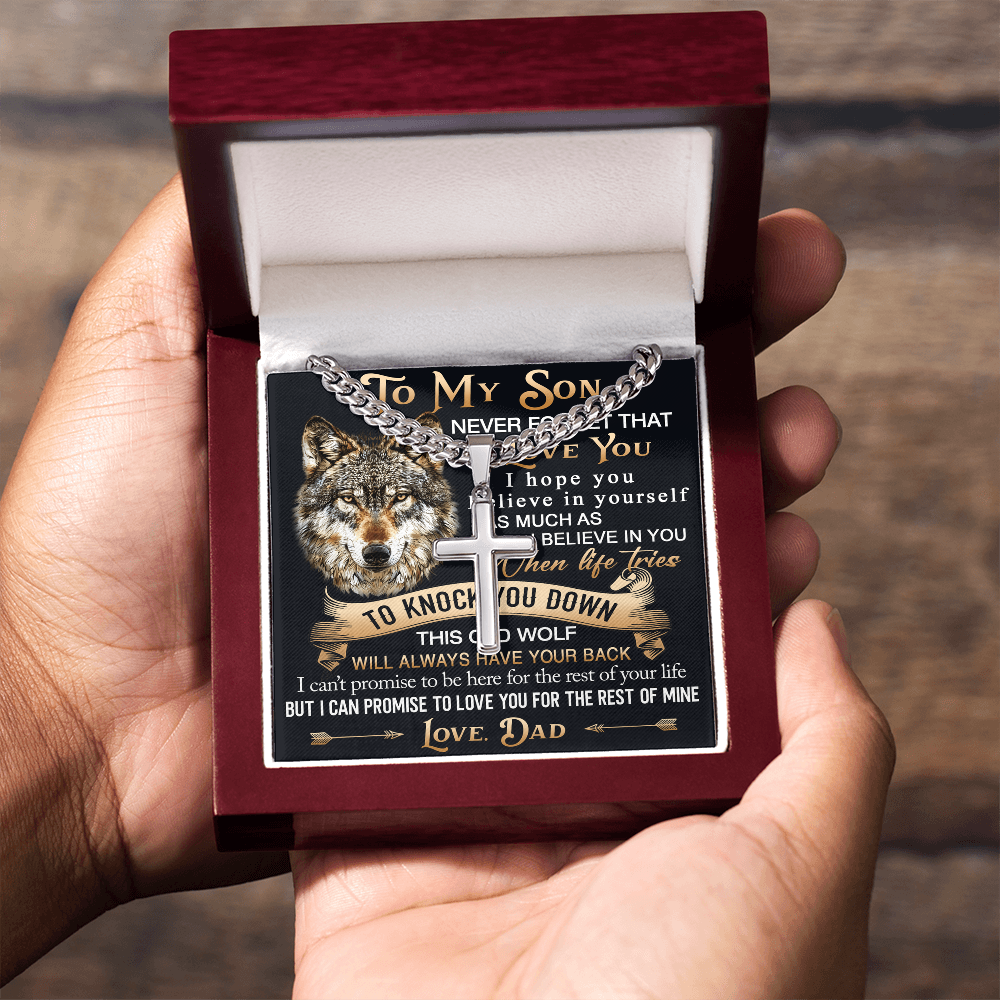 To My Son Personalized Cross with Cuban Link Chain Gift from Wolf Dad - Unique Gift for Birthday, Back to School, Graduation or any Special Occasion.
