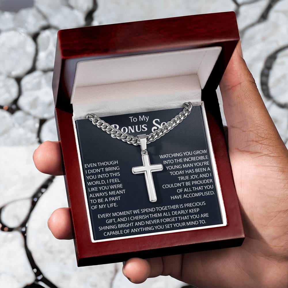 To My Bonus Son Personalized Cross with Cuban Link Chain -  Perfect Gift for Birthday, Christmas, Back to School or any Special Occasion.