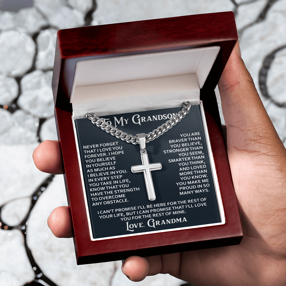 To My Grandson Personalized Cross with Cuban Link Chain From Grandma Grandmother for Christmas, Noel, Birthday, Back to School or Family Matching