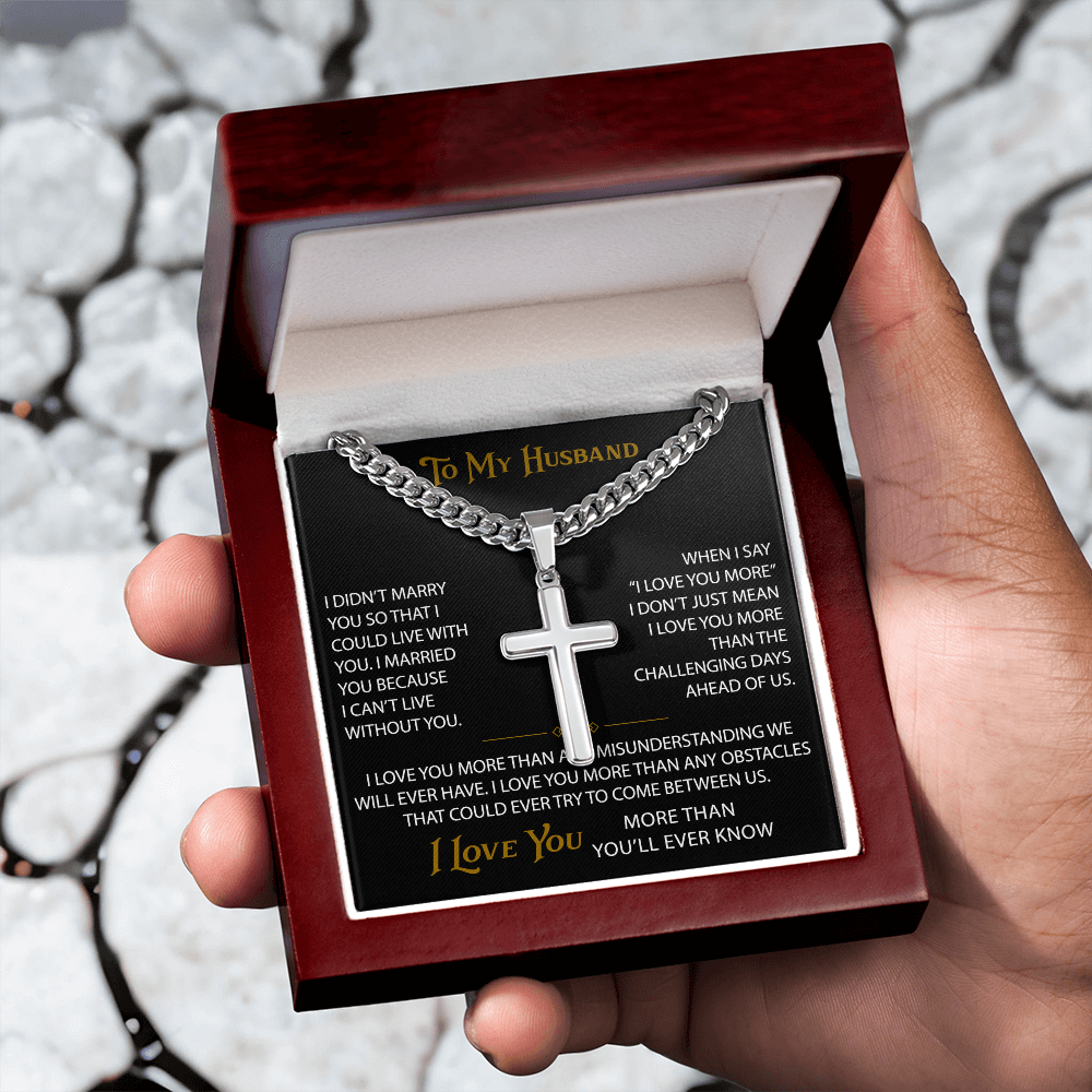 Wife Gift to My Husband Personalized Cross with Cuban Link Chain - Unique Present for Soulmate Broom, Wedding Anniversary, Birthday Gifts