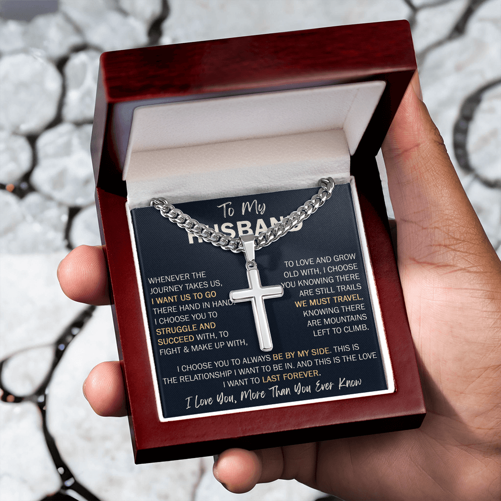 To My Husband Personalized Cross with Cuban Link Chain - Perfect Gift for Birthday, Valentine, Wedding Anniversary or any Special Occasion.