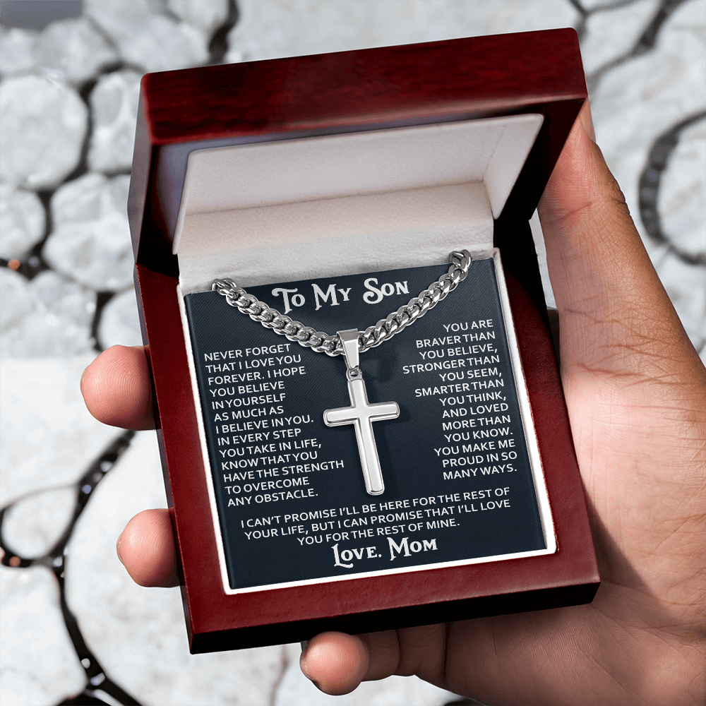 To My Son Personalized Cross with Cuban Link Chain Gift from Mom Mother for Birthday, Back to School, Graduation or any Special Occasion Present