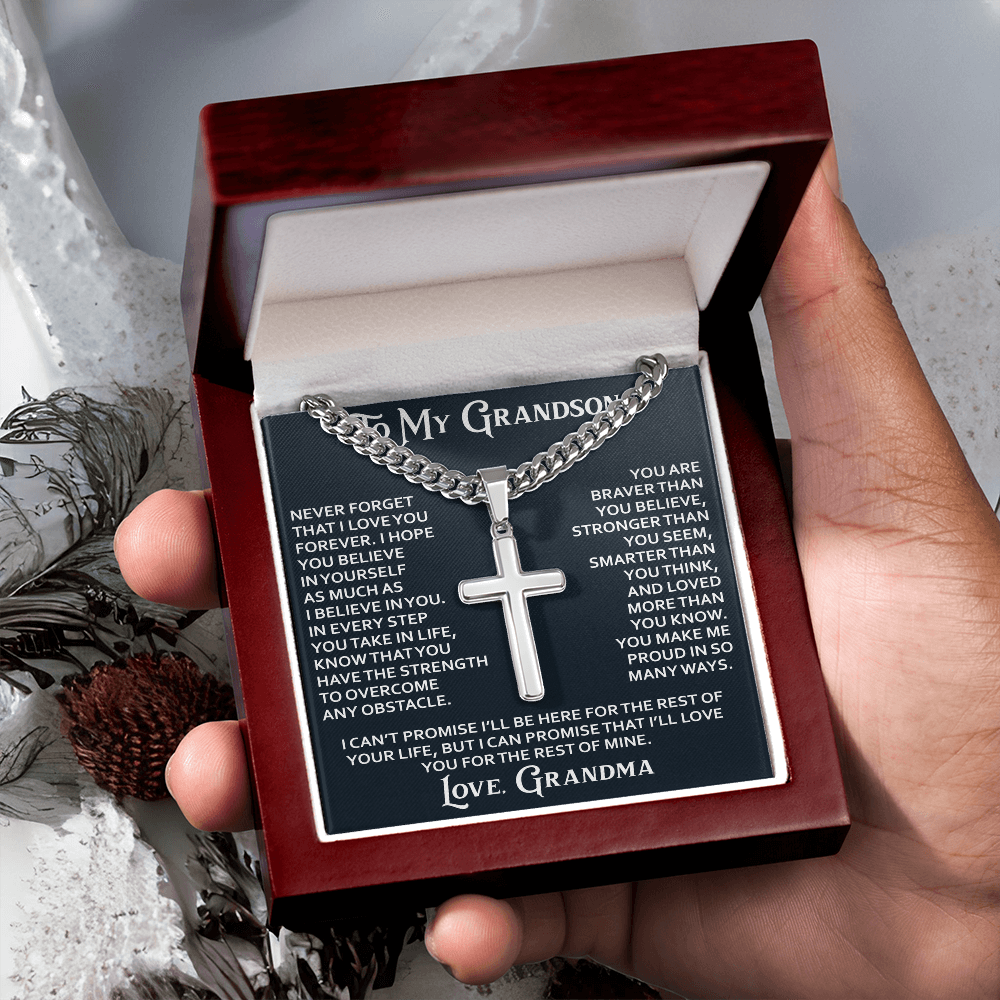 To My Grandson Personalized Cross with Cuban Link Chain From Grandma Grandmother for Christmas, Noel, Birthday, Back to School or Family Matching