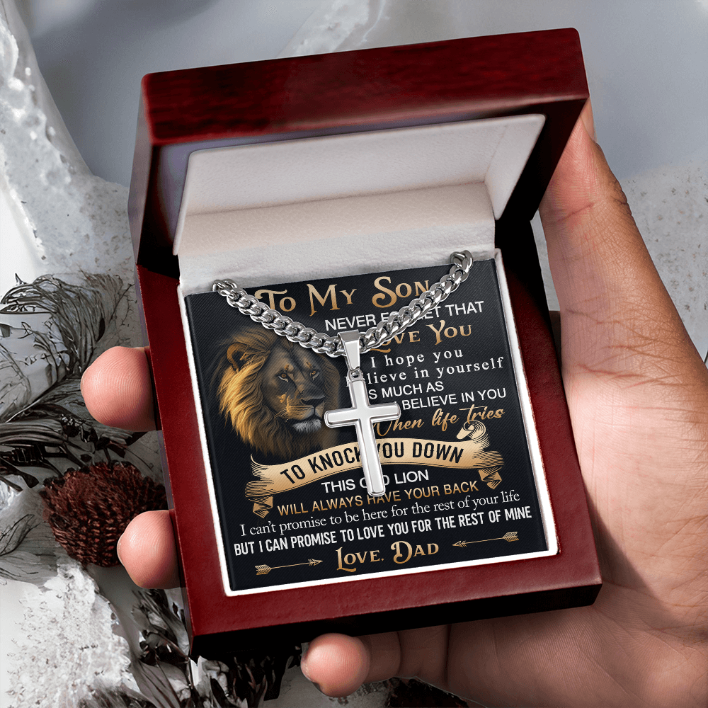 To My Son Personalized Cross with Cuban Link Chain Gift from Dad - Unique Gift for Birthday, Back to School, Graduation or any Special Occasion.