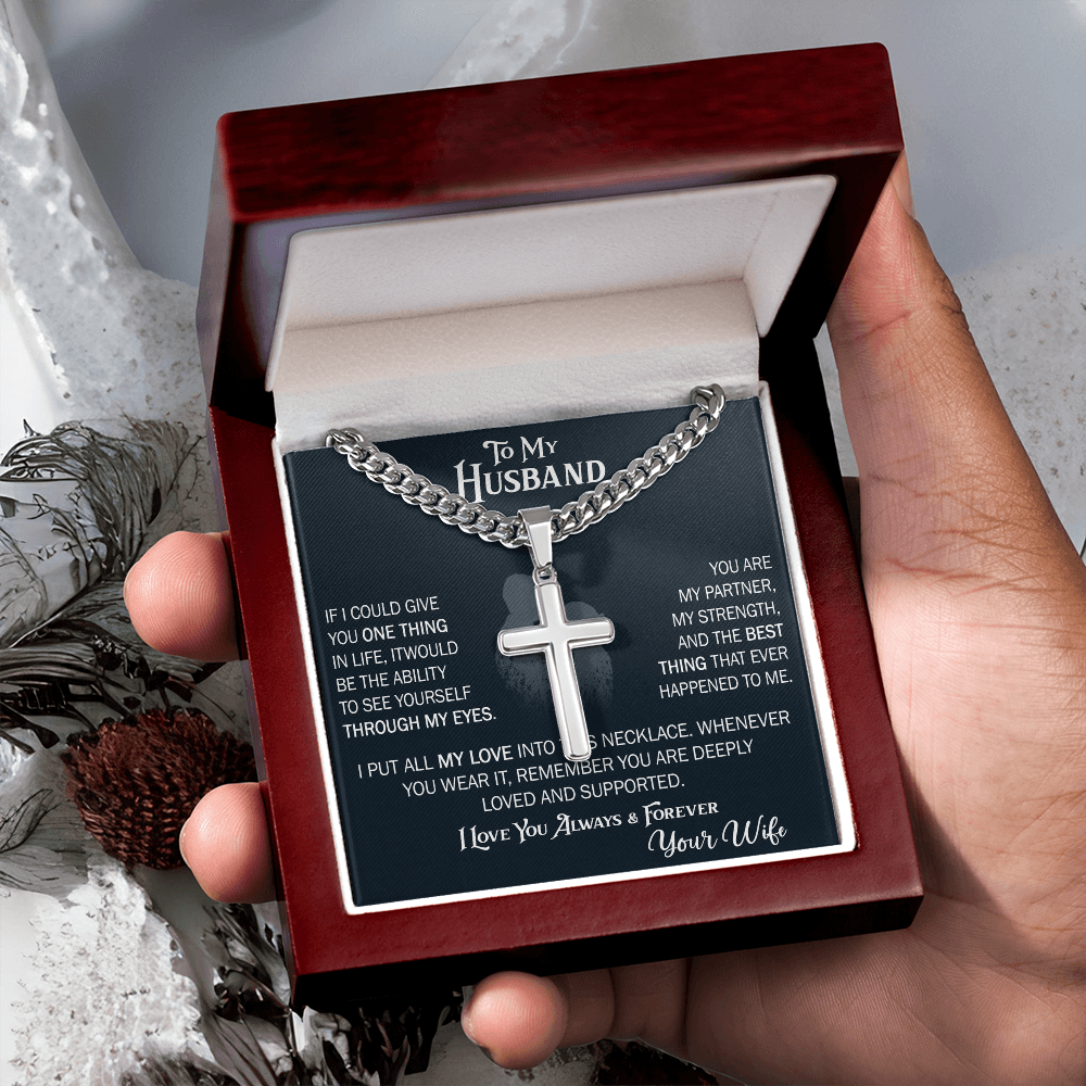 Product Image To My Husband Personalized Cross with Cuban Link Chain From Wife – Valentines Day Gifts for Her with Heartfelt Message Card, Premium Gold-Plated Wife Jewelry